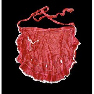 Vintage Waist Apron Handmade Red White Lace Trim Chiffon Dainty